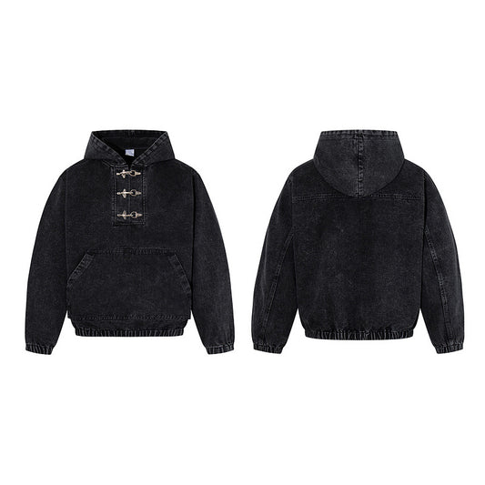 Sudadera Negra para Hombre con Lavado Desgastado y Detalles de Cierre de Langosta