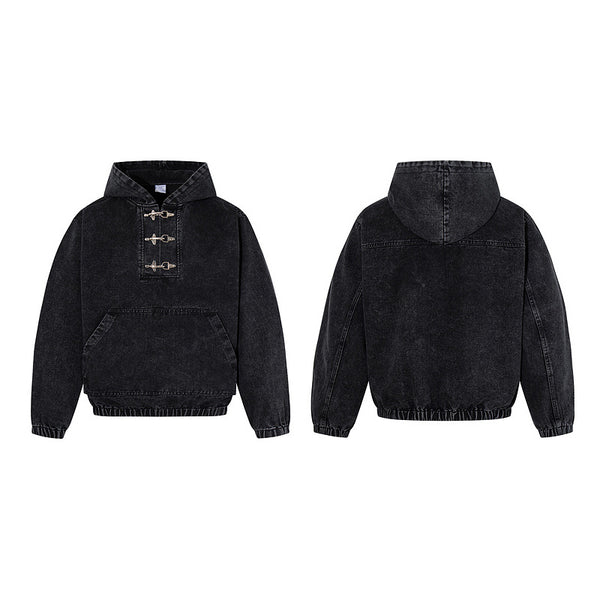 Sudadera Negra para Hombre con Lavado Desgastado y Detalles de Cierre de Langosta