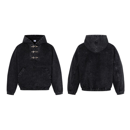 Sudadera Negra para Hombre con Lavado Desgastado y Detalles de Cierre de Langosta