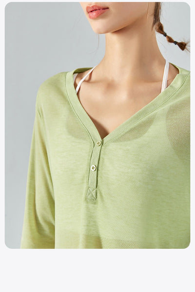 Blusa Yoga Suelta Cuello V Manga Larga con Efecto Drapeado - Image 14