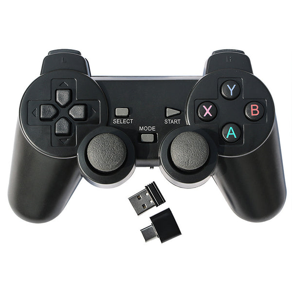 Black 2.4G wireless gamepad with USB receiver, USB-C adapter, and phone clip for Android TV, PC, and STEAM. - Image 4