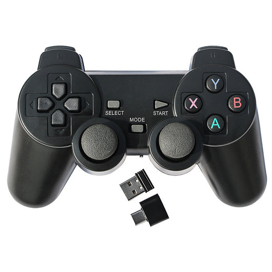 Black 2.4G wireless gamepad with USB receiver, USB-C adapter, and phone clip for Android TV, PC, and STEAM. - Image 4