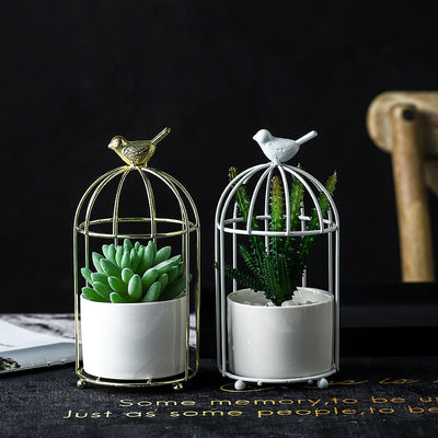 Maceta Decorativa de Lujo con Jaula de Pájaro Dorada y Marco de Hierro Artístico - Image 10
