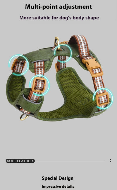 Brown leather pet harness with reflective stripes, adjustable tan buckles, and a gold D-ring on a white background. - Image 10