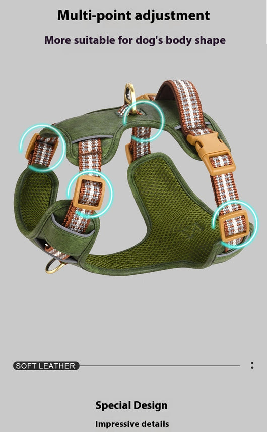 Brown leather pet harness with reflective stripes, adjustable tan buckles, and a gold D-ring on a white background. - Image 10