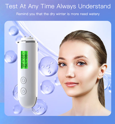 White rechargeable smart facial skin tester with green digital display, USB-C charging cable, and user manual. - Image 14
