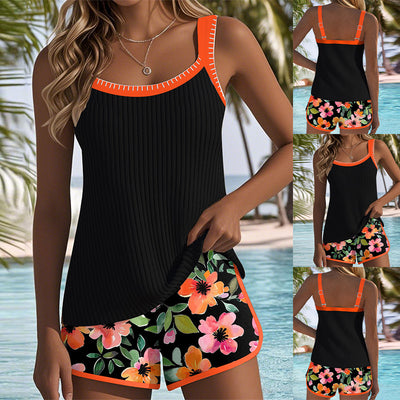 Women's grey floral print tankini swimsuit with square neckline and matching solid grey swim shorts with white trim. - Image 4