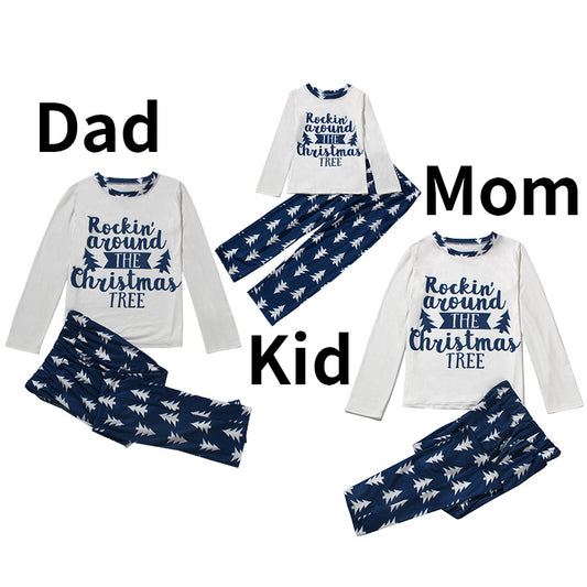 Family matching Christmas pajamas: white long-sleeve tops with 'Rockin' around THE Christmas TREE' text and blue pants with white Christmas tree patterns for da - Image 2