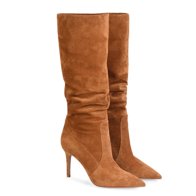 Botas Stiletto Café de Gamuza con Punta Aguda y Caña Media - Image 7