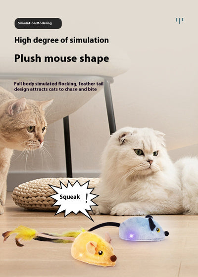 Yellow remote control electric plush mouse cat toy with a black remote and white USB charging cable. - Image 15