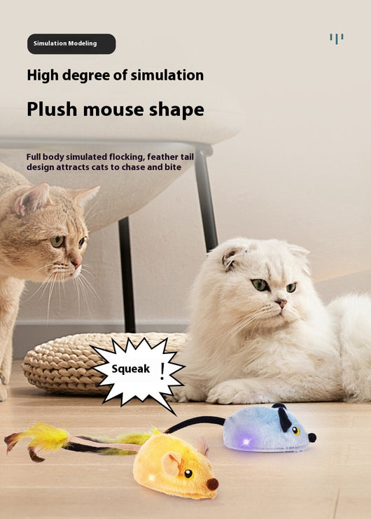 Yellow remote control electric plush mouse cat toy with a black remote and white USB charging cable. - Image 15