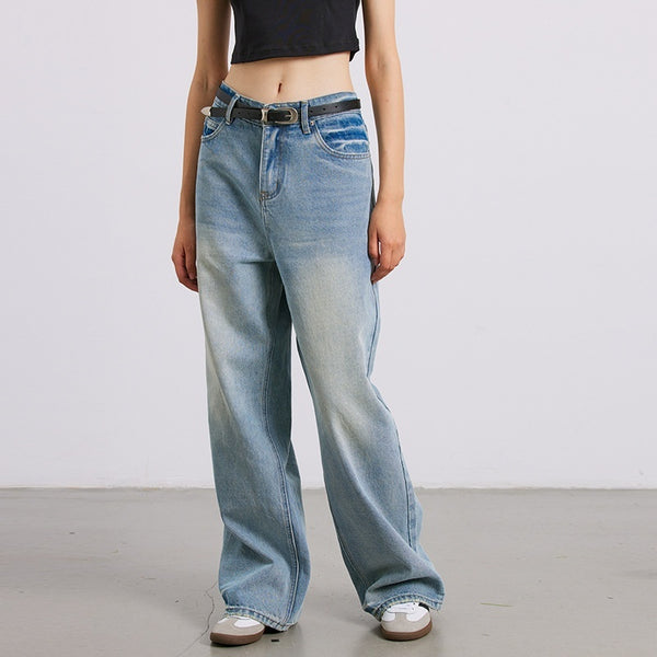 Jeans Rectos de Algodón Puro Blanco Brillante con Desgaste Artesanal