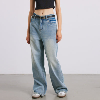 Jeans Rectos de Algodón Puro Blanco Brillante con Desgaste Artesanal