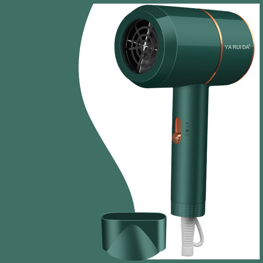 White portable folding hair dryer with rose gold accents and a nozzle attachment, shown with its base. - Image 8