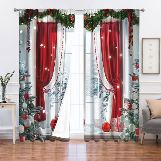 Digital printed Christmas curtains with a festive garland design, red ornaments, bows, and berries, on a white background. - Image 26