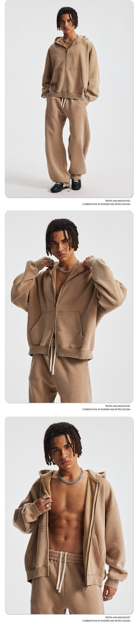 Men's pink washed full-zip hooded jacket and matching sweatpants set, featuring a relaxed fit and drawstring details. - Image 17