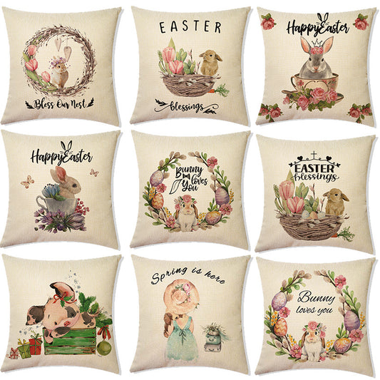 Funda de Cojín Decorativa Pascua - Canasta Flores y Conejito para Sofá y Auto
