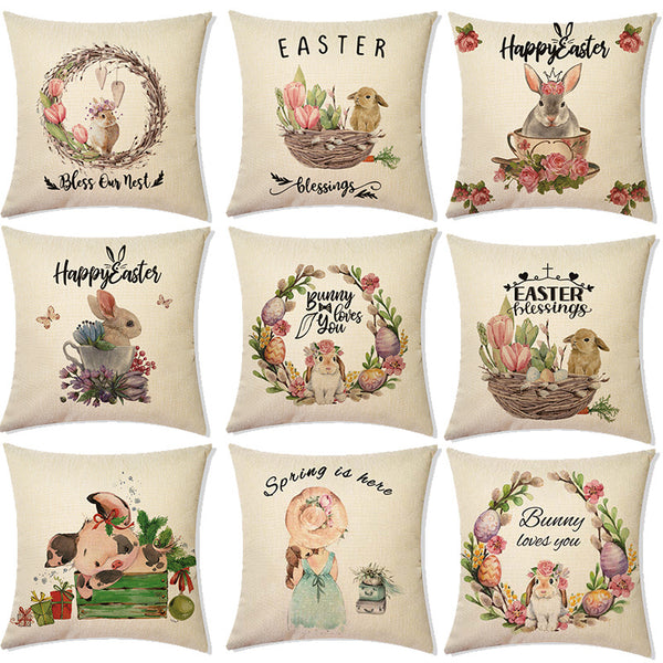 Funda de Cojín Decorativa Pascua - Canasta Flores y Conejito para Sofá y Auto