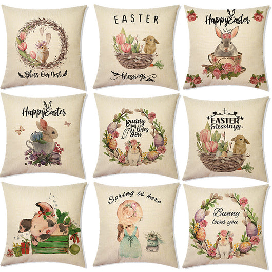 Funda de Cojín Decorativa Pascua - Canasta Flores y Conejito para Sofá y Auto