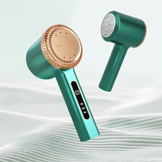 White electric lint remover with a perforated metal screen and a brown textured accent band.
