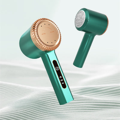 White electric lint remover with a perforated metal screen and a brown textured accent band.