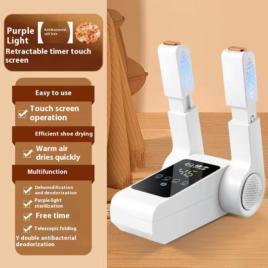 White household shoe dryer with retractable arms, digital display, and control knob, on a light wood floor. - Image 11