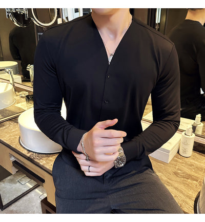 Camisa de Cuello V Manga Larga con Textura Waffle para Hombre - Image 21