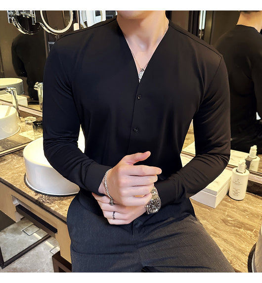 Camisa de Cuello V Manga Larga con Textura Waffle para Hombre - Image 21