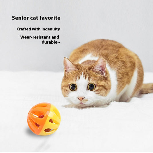 Five colorful plastic pet bell balls in red, yellow/orange, lime green, and hot pink, with hollow designs.