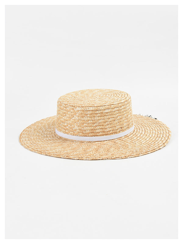 Sombrero de Paja Plano con Cadena de Perlas - Protección Solar Elegante