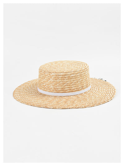 Sombrero de Paja Plano con Cadena de Perlas - Protección Solar Elegante - Image 2