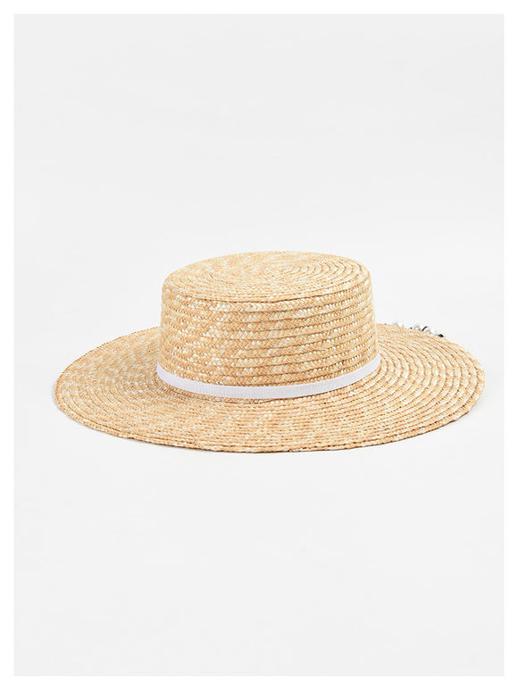 Sombrero de Paja Plano con Cadena de Perlas - Protección Solar Elegante