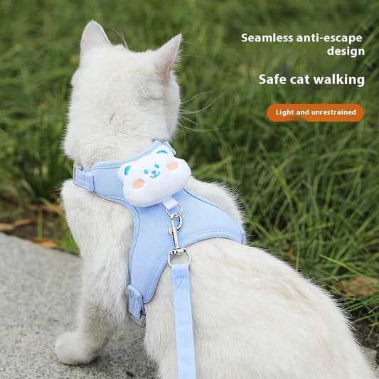 Pink corduroy pet harness and leash set with a white plush rabbit design, shown with a size chart.