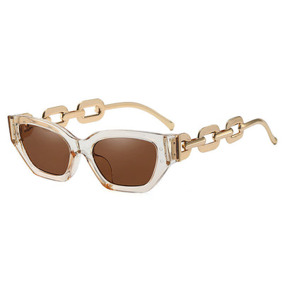 Red cat-eye sunglasses with dark lenses and gold-colored chain link temples on a white background. - Image 11