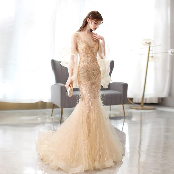 Vestido de Noche Sirena Dorado para Banquetes y Eventos