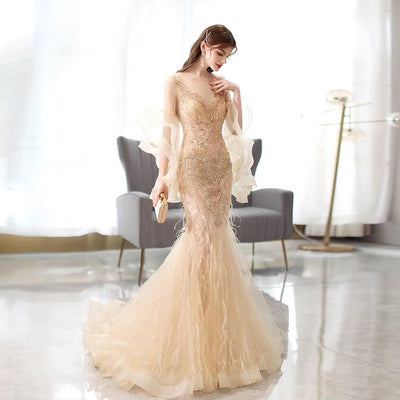 Vestido de Noche Sirena Dorado para Banquetes y Eventos
