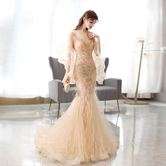 Vestido de Noche Sirena Dorado para Banquetes y Eventos