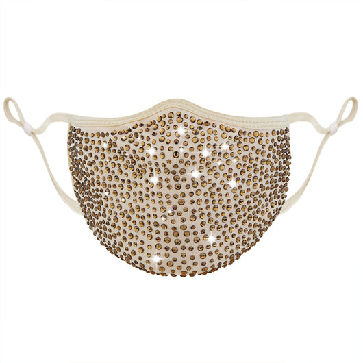Beige fashion face mask covered in clear rhinestones with adjustable ear loops for a sparkly look. - Image 6