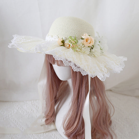 Sombrero de Ala Ancha con Encaje Floral y Moño para Viajes
