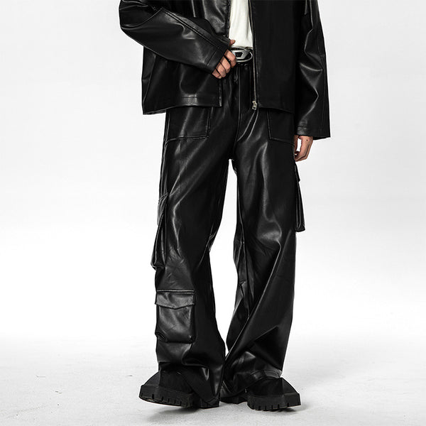 Pantalones de Cuero PU Retro Americano Holgados y Rectos para Hombre
