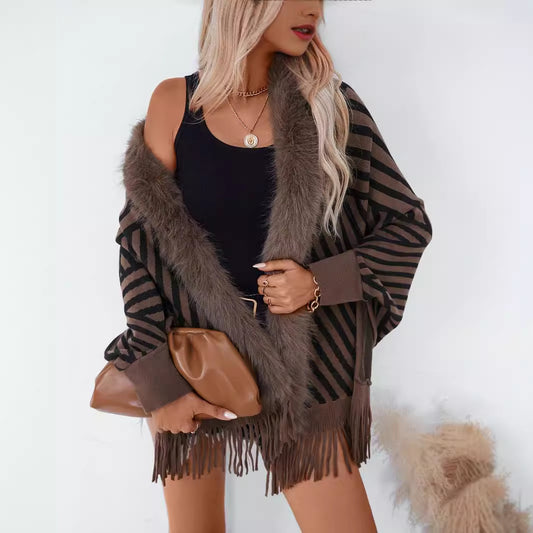 Poncho Tejido de Rayas Otoño Invierno con Flecos Elegante - Image 2