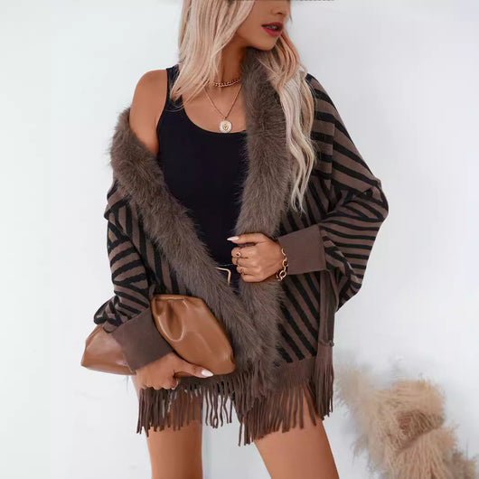 Poncho Tejido de Rayas Otoño Invierno con Flecos Elegante - Image 2