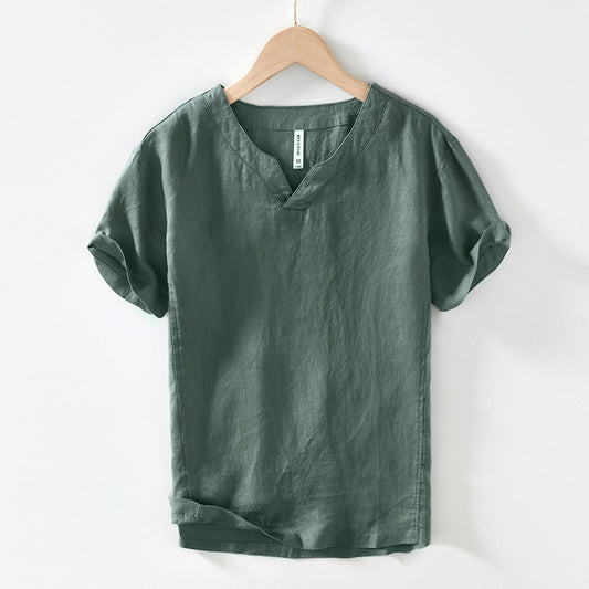 Camiseta de Lino con Cuello en V - Manga Corta Estilo Retro