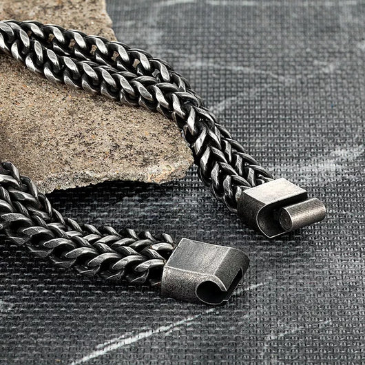 Pulsera Hombre Vintage Punk Cadena Doble Acero Inoxidable Negro - Image 2