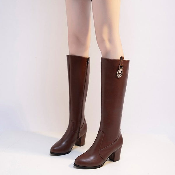 Botas Altas Negras de Tacón Grueso Punta Fina - Estilo Knight Versátil