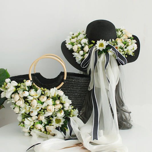 Sombrero de Paja Artesanal con Ala Ancha y Flores para Mujer