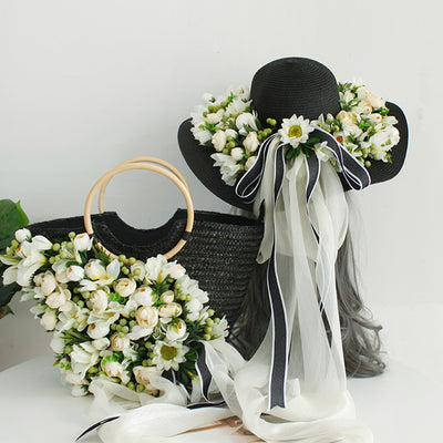 Sombrero de Paja Artesanal con Ala Ancha y Flores para Mujer