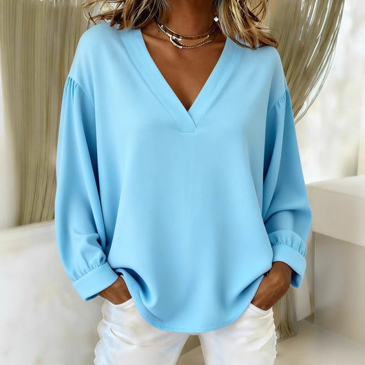 Blusa Casual de Cuello V y Manga Larga en Colores Sólidos - Image 4
