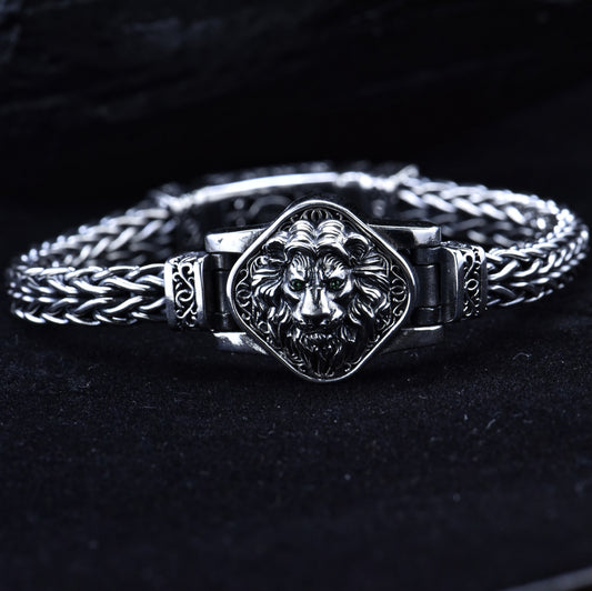 Pulsera de Plata Esterlina S925 Tejida a Mano - Diseño Étnico León Dominante