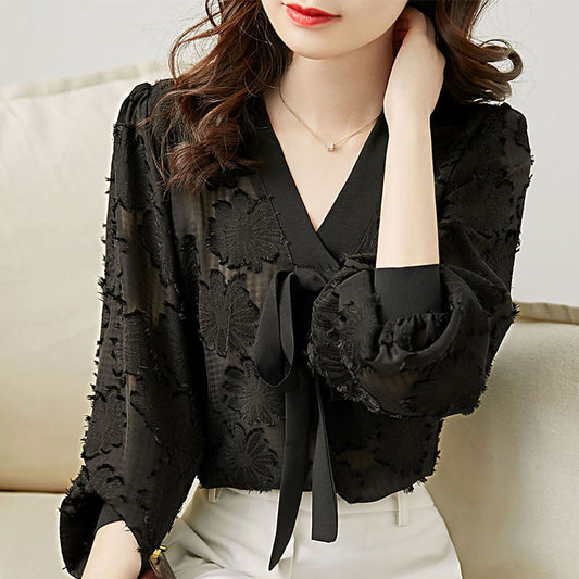 Blusa Chiffon con Mangas Farol y Moño - Corte Holgado y Estilizador